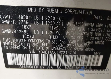 2022 Subaru Outback Limited z USA, uszkodzony, nr VIN 4S4BTANC1N3245710